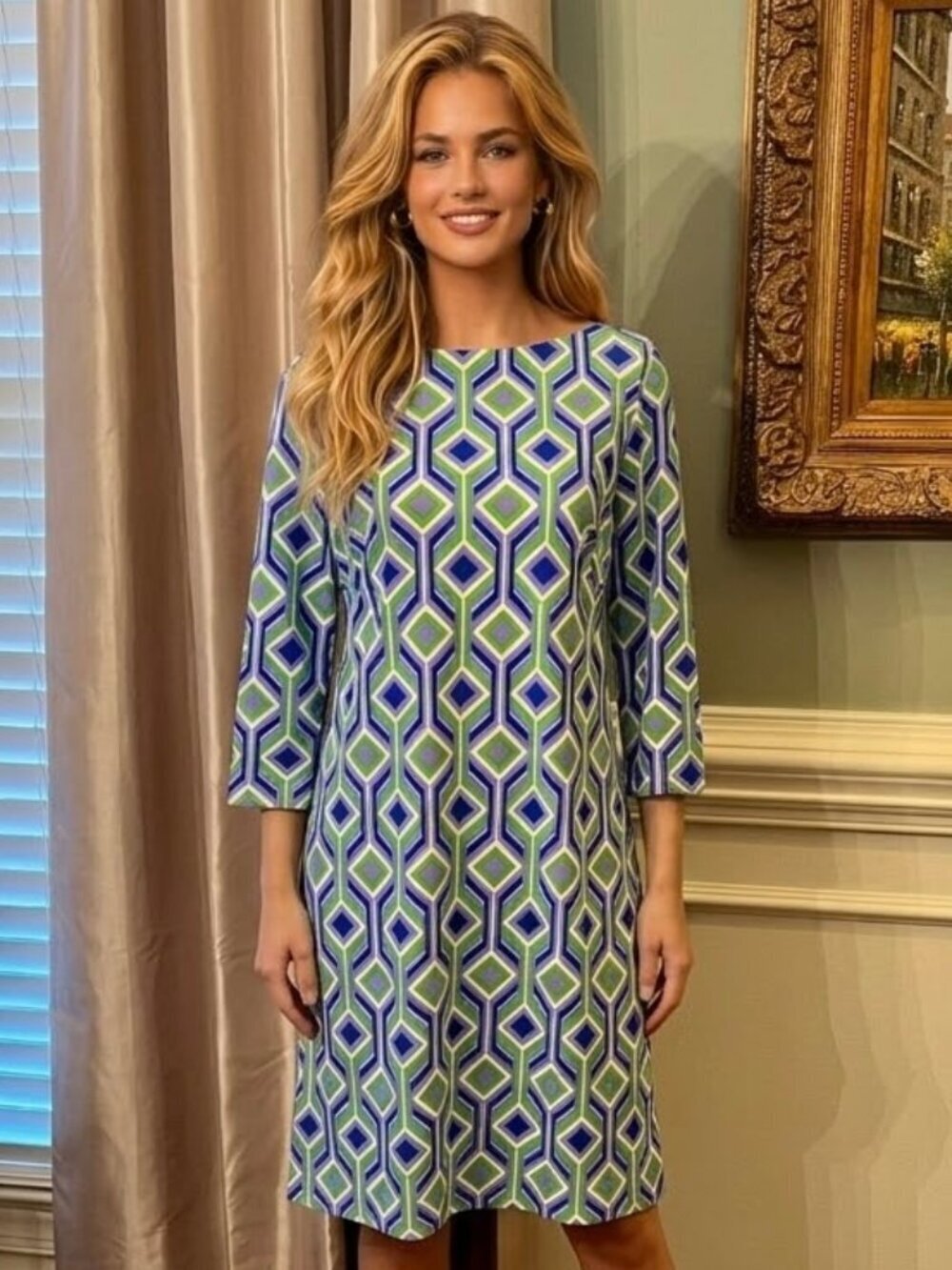 NWOT Jude Connally Marlowe Trellis Colbalt Kelly Diamond Pattern Dress Sz SMALL